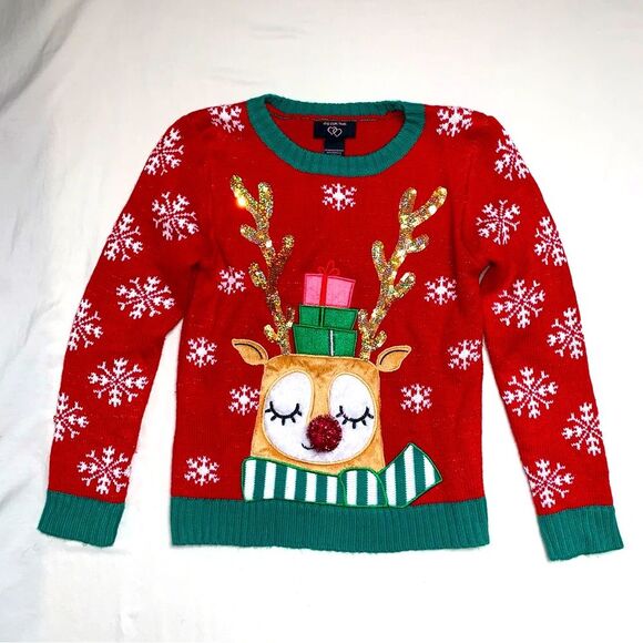 Christmas Holiday Sweater Girl’s Medium Reindeer Sequin Glitter Knit Pullover - Picture 1 of 6